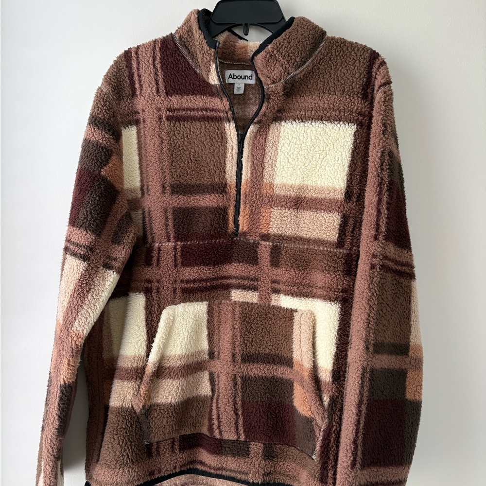 Abound Men's Brown & Cream Plaid Sherpa Half-Zip Pullover